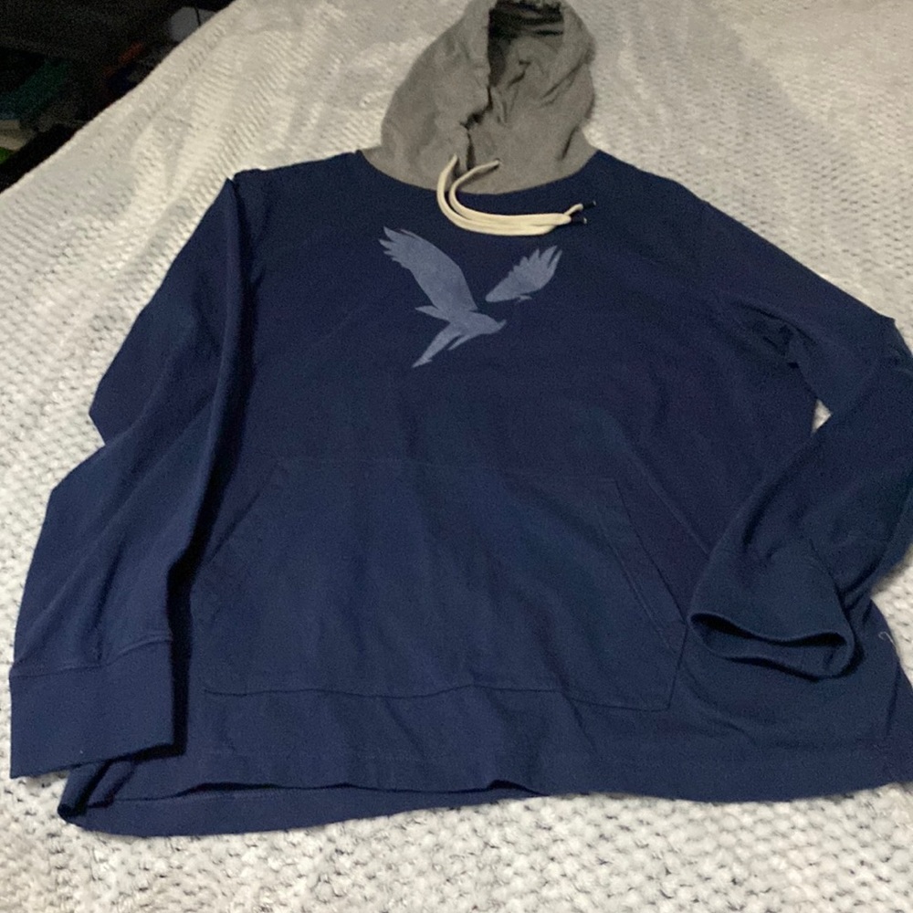 American Eagle, super soft hoodie, blue with gray hood, excellent condition